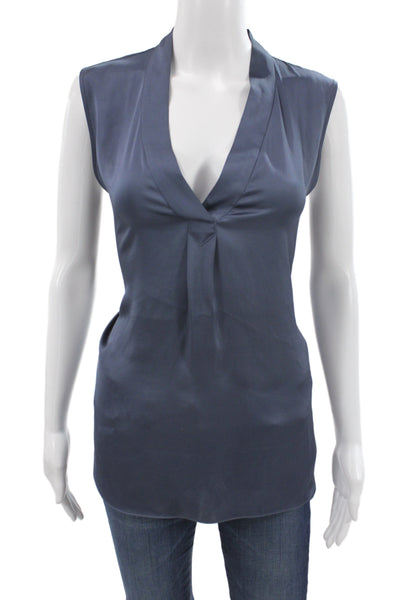R Label Women Tunic Blouse Dark Blue V Neck Sleeveless Polyester Size L