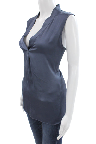 R Label Women Tunic Blouse Dark Blue V Neck Sleeveless Polyester Size L