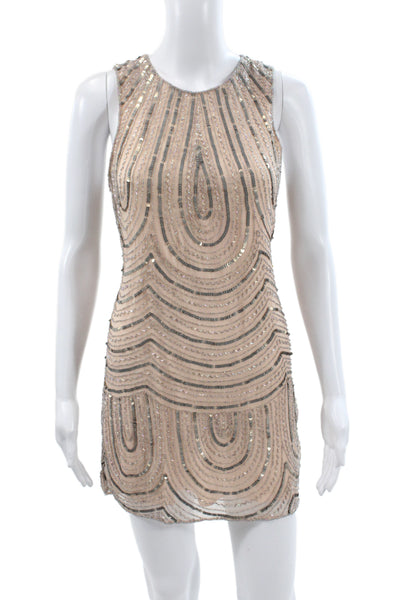Parker Women Sheath Silk Geometric Round Neck Sleeveless Beige Dress Size XS