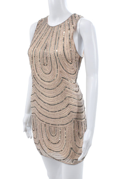 Parker Women Sheath Silk Geometric Round Neck Sleeveless Beige Dress Size XS