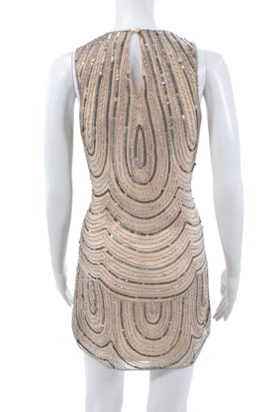 Parker Women Sheath Silk Geometric Round Neck Sleeveless Beige Dress Size XS