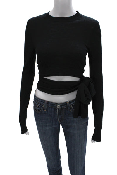Loulou Studio Womens Cropped Black Wool Cashmere Crewneck Sweater Tie Size XS