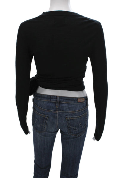 Loulou Studio Womens Cropped Black Wool Cashmere Crewneck Sweater Tie Size XS