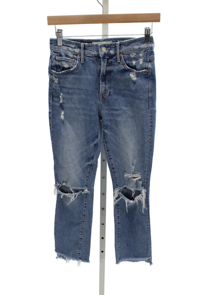 Mother Superior Women Blue High Waist Cropped Mom Jeans Cotton Button Size 25