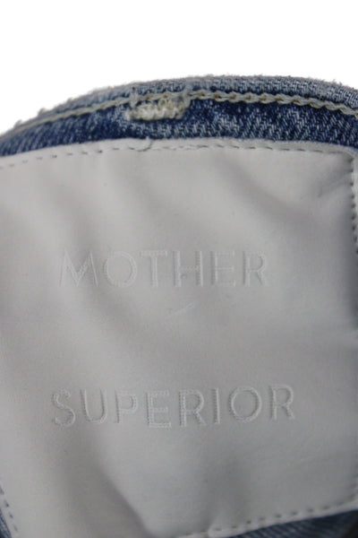 Mother Superior Women Blue High Waist Cropped Mom Jeans Cotton Button Size 25