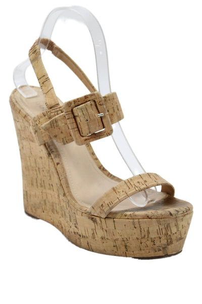 Schutz Women's Open Toe Cork Wedge Heel Slingback Sandals Beige Size 8.5