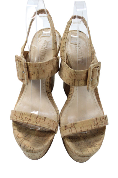 Schutz Women's Open Toe Cork Wedge Heel Slingback Sandals Beige Size 8.5