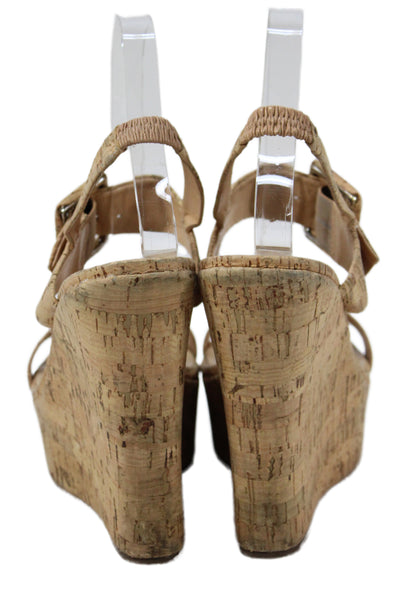 Schutz Women's Open Toe Cork Wedge Heel Slingback Sandals Beige Size 8.5