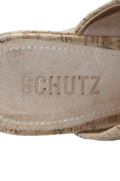 Schutz Women's Open Toe Cork Wedge Heel Slingback Sandals Beige Size 8.5