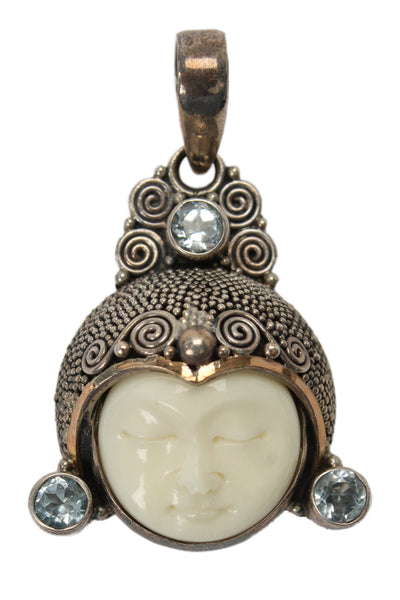 Designer Womens 925 Silver + 14K Gold + Topaz Goddess Pendant 8.1g