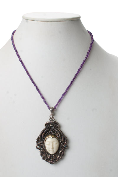Designer Womens 925 Silver+18K Gold Bone+Topaz+Amethyst Goddess Necklace/Brooch