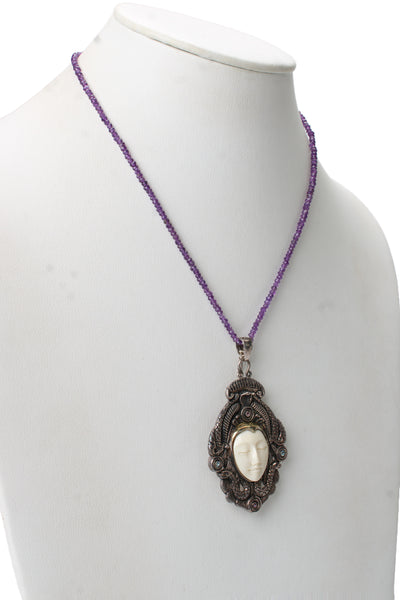 Designer Womens 925 Silver+18K Gold Bone+Topaz+Amethyst Goddess Necklace/Brooch
