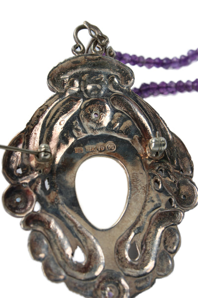 Designer Womens 925 Silver+18K Gold Bone+Topaz+Amethyst Goddess Necklace/Brooch