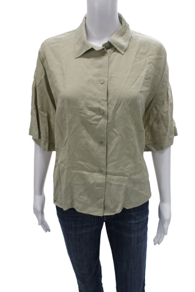 Massimo Dutti Women Beige Collared Button Up Blouse Short Sleeve Viscose Size M