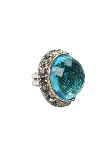 Dominique Aurientis Womens Silver Tone Blue Crystal Oversized Cocktail Ring Sz 7