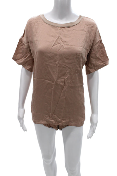 Lunya Unisex Silk Short Sleeve Round Neck Top Brown Size XS