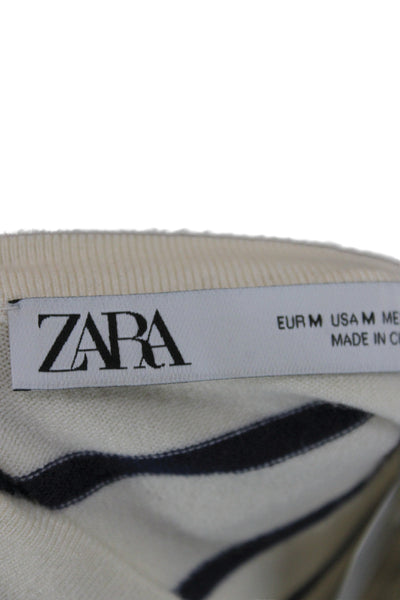 Zara Womens Basic Striped Crew Neck Tank White Viscose Blend Size M