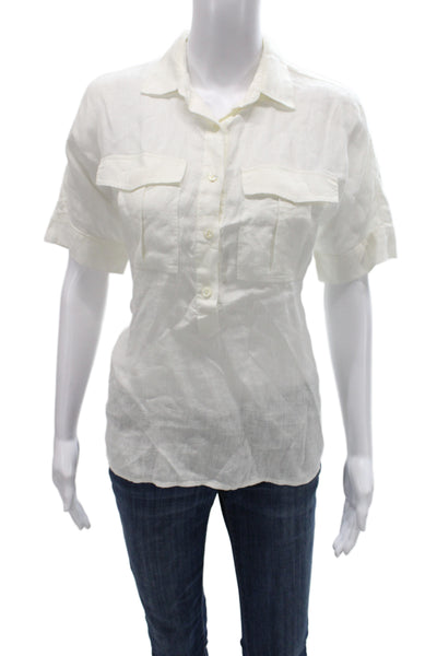 J Crew Women Basic White Linen Button Up Collared Short Sleeve Blouse Size 2