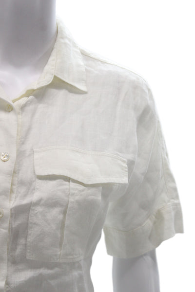 J Crew Women Basic White Linen Button Up Collared Short Sleeve Blouse Size 2