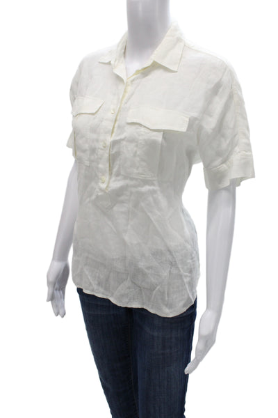 J Crew Women Basic White Linen Button Up Collared Short Sleeve Blouse Size 2