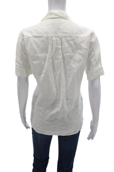 J Crew Women Basic White Linen Button Up Collared Short Sleeve Blouse Size 2