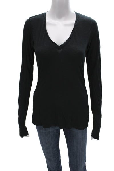 Standard James Perse Women Black Linen V-Neck Long Sleeve Basic T-Shirt Size 3