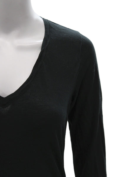 Standard James Perse Women Black Linen V-Neck Long Sleeve Basic T-Shirt Size 3