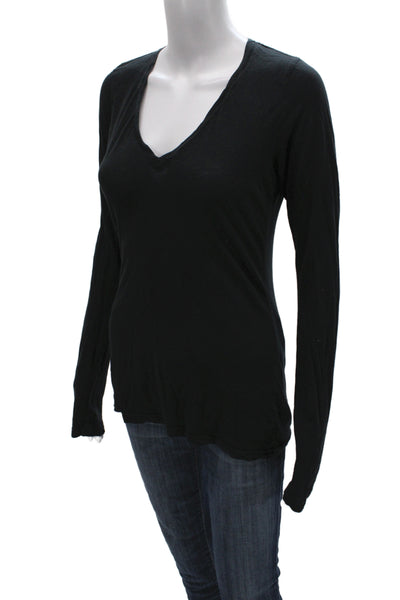 Standard James Perse Women Black Linen V-Neck Long Sleeve Basic T-Shirt Size 3