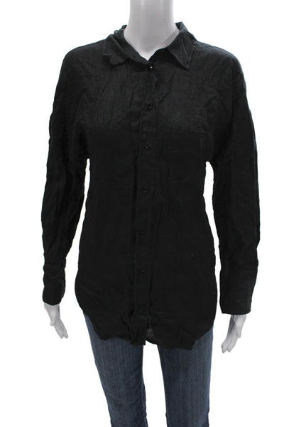 Zara Womens Basic Black Linen Collared Long Sleeve Button-Up Size M