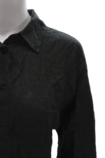 Zara Womens Basic Black Linen Collared Long Sleeve Button-Up Size M