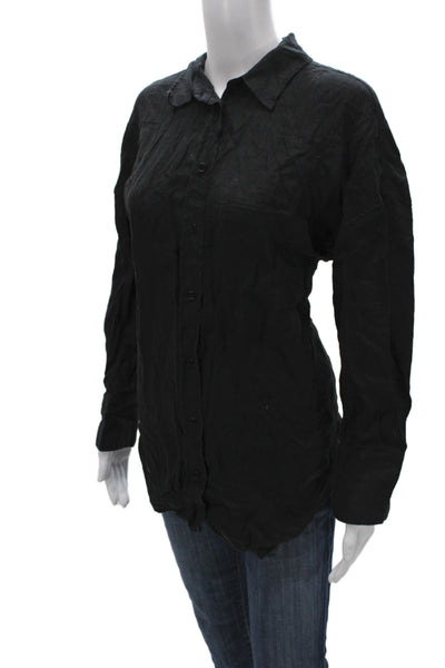 Zara Womens Basic Black Linen Collared Long Sleeve Button-Up Size M