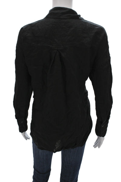 Zara Womens Basic Black Linen Collared Long Sleeve Button-Up Size M