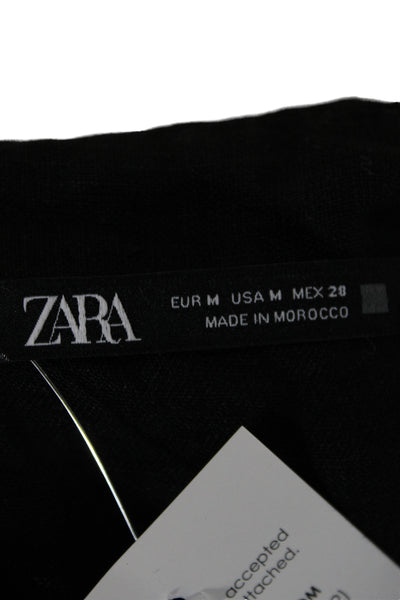 Zara Womens Basic Black Linen Collared Long Sleeve Button-Up Size M