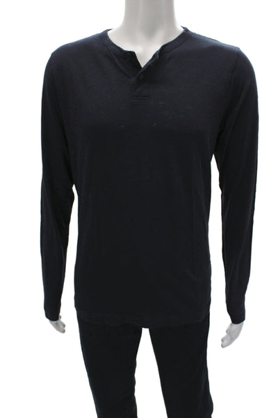 Theory Mens Band T-Shirt Dark Blue Cotton Long Sleeve Button Size L