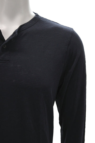 Theory Mens Band T-Shirt Dark Blue Cotton Long Sleeve Button Size L