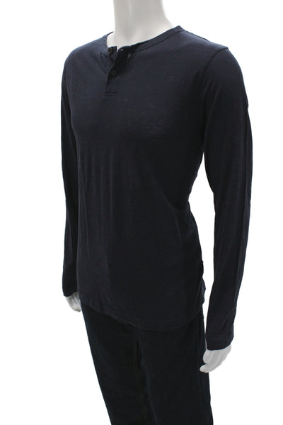 Theory Mens Band T-Shirt Dark Blue Cotton Long Sleeve Button Size L