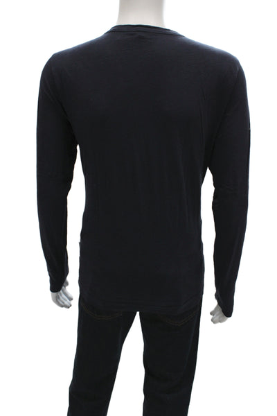 Theory Mens Band T-Shirt Dark Blue Cotton Long Sleeve Button Size L