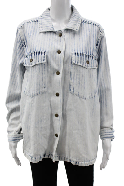 Faherty Women Light Blue Striped Collared Button Jacket Long Sleeve Size M