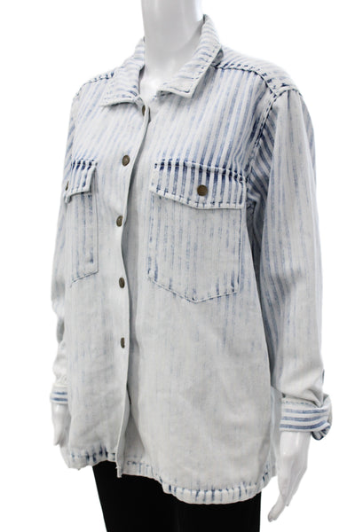 Faherty Women Light Blue Striped Collared Button Jacket Long Sleeve Size M