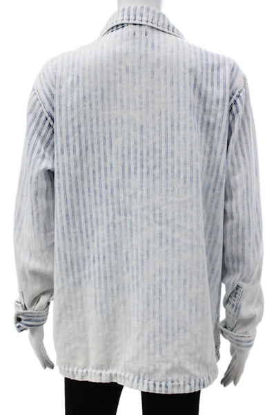 Faherty Women Light Blue Striped Collared Button Jacket Long Sleeve Size M