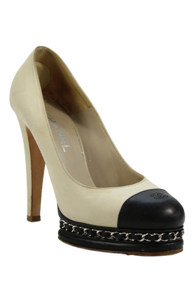 Chanel Womens Leather Chain Link Platform Cap Toe Pumps Beige Black Size 40 10