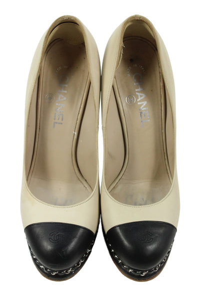 Chanel Womens Leather Chain Link Platform Cap Toe Pumps Beige Black Size 40 10