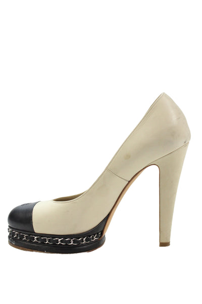 Chanel Womens Leather Chain Link Platform Cap Toe Pumps Beige Black Size 40 10