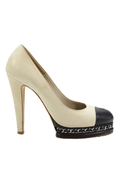 Chanel Womens Leather Chain Link Platform Cap Toe Pumps Beige Black Size 40 10