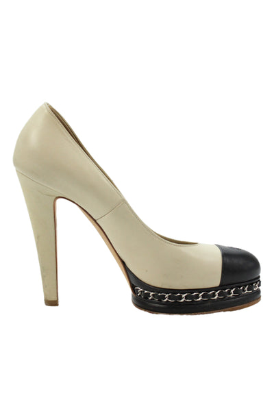 Chanel Womens Leather Chain Link Platform Cap Toe Pumps Beige Black Size 40 10