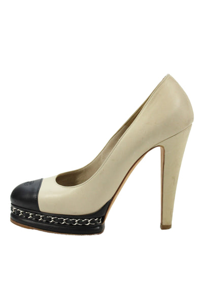 Chanel Womens Leather Chain Link Platform Cap Toe Pumps Beige Black Size 40 10