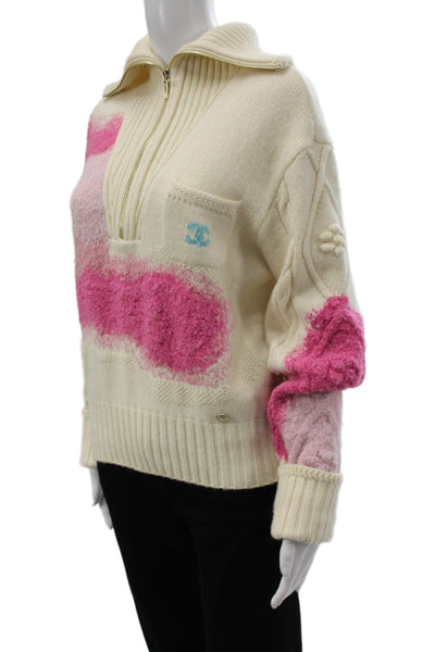 Chanel Unisex Full Zip Pullover Sweater Beige Cashmere Wool Silk Size 40