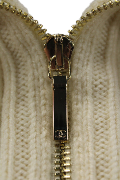 Chanel Unisex Full Zip Pullover Sweater Beige Cashmere Wool Silk Size 40