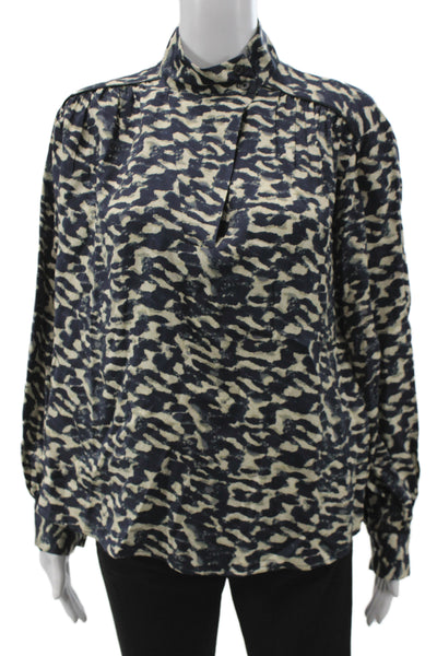 Ba&Sh Women Beige Animal Print High Neck Long Sleeve Blouse Size 4