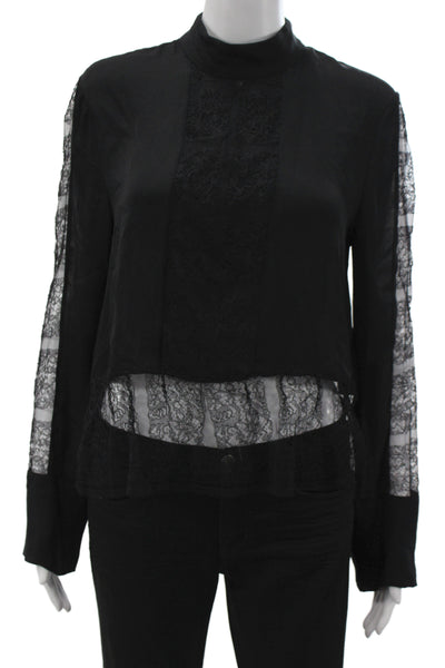 Jenni Kayne Womens Cropped Silk Mock Neck Blouse Black Long Sleeve Size S